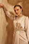 Embroidered Satin Draped Dress Stone - 4