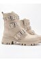 Women's Half Boots with Studded Stitched Sole, 5 cm Heel, 20 cm Length, Zippered Lace-Up Boots - Beige - 2