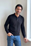 Men's Polo Collar Black Sweater with Stripe Pattern Knitwear Classic Pattern - 5407A
