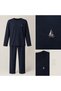 Men's Embroidered Navy Blue Long Sleeve Combed Cotton Fabric Seasonal Pajama Set - 5