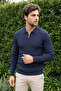 Men's Zippered Polo Collar Navy Blue Sweater Ribbed Textured Thin Knitwear Classic Pattern - 5411A