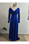 Women's long sleeve off-the-shoulder pleated crepe dress - 4