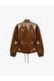 Drawstring Long Sleeve Stand Collar Leather Look Jacket with Pockets - 7