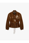 Drawstring Long Sleeve Stand Collar Leather Look Jacket with Pockets - 6