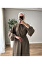 Khaki Fabric Belted Long Sleeve Long Dress - 2