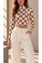 Women's Ecru Brown Checkered Patterned High Neck Long Sleeve Cropped Blouse - 5