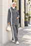 Women's Striped Detailed Buttoned Pocketed Gray Denim Two-Piece Set