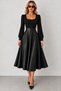 Women's Long Sleeve Square Neck Viscose Top Leather Skirt Detailed Midi Dress