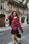 Women's Oversize Long Sleeve T-Shirt Riviera Stripe Claret Red – Polo Collar, Striped, Relaxed Fit - 7