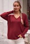 Burgundy V-Neck Cuffed Sleeves Thin Sequined Casual Knitwear Sweater 70 60