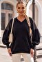 Black V-Neck Balloon Sleeve Thin Sequined Sleeve Tulle Windowed Casual Knitwear Sweater 66 60 - 3