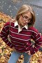 Women's Oversize Long Sleeve T-Shirt Riviera Stripe Claret Red – Polo Collar, Striped, Relaxed Fit - 3
