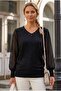 Black V-Neck Pleated Balloon Sleeve Thin Sequined Collar Beaded Casual Knitwear Sweater 70 60