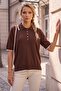 Brown Polo Neck Short Sleeve Buttoned Thin Sequined Casual Long Back Knitwear Sweater 60 58 - 4