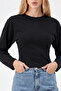 Black Crew Neck Long Sleeve Crop Blouse - 5