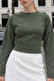 Women's Casual Wear Khaki Crop Long Sleeve Blouse - 5