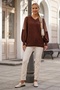 Brown V-Neck Balloon Sleeve Thin Sequined Sleeve Tulle Windowed Casual Knitwear Sweater 66 60 - 7