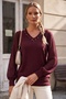 Burgundy V-Neck Pleated Balloon Sleeve Thin Sequined Collar Beaded Casual Knitwear Sweater 70 60 - 3