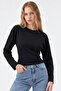 Black Crew Neck Long Sleeve Crop Blouse - 4