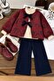 Ethnic Patterned Velvet Bow Detailed Girls' 3-Piece Set - Red_Navy Blue