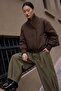 Brown Bomber Coat with Tricoted Collar Detail Per9742 - 3