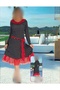 Red Lace Detailed Black Polka Dot Long Sleeve Belted Midi Dress