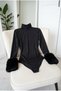 Women's Fur-Cuffed Long Sleeve Snap-Front Bodysuit Blouse