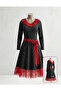 Red Lace Detailed Black Polka Dot Long Sleeve Belted Midi Dress - 2