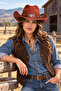 Unisex Suede Look Cowboy Hat with Metal Bull Figure, Wide Brim, Drawstring Western Hat - 7