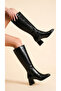 Women's Below the Knee Cream Heeled Shiny Detailed Zippered Leather Look Long Boots - 3