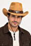 Unisex Suede Look Cowboy Hat with Metal Bull Figure, Wide Brim, Drawstring Western Hat - 3