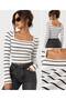 Women's White-Black Pinstripe Fabric Long Sleeve Crop Body - 3