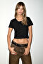 Ernestine Women's Front Button Round Neck Short Sleeve Black T-Shirt