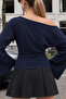 Boat Neck Wide Sleeve Navy Blue Women's Blouse - 6