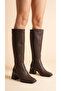 Women's Below the Knee Cream Heeled Shiny Detailed Zippered Leather Look Long Boots - 3