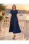 Women's Navy Blue Self-Belted Long Length Oysho Dress Hzl26S-Wm504
