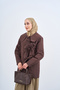 Women's Front Tie Double Pocket Baby Collar Jacket Brown - 4