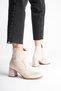 Women's Beige Suede Zippered 7 cm Thick Heeled Winter Boots with Western Detail - 6
