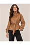Women's Premium Faux Leather Lined Stand Collar Belted Pocket Trench Coat Jacket