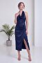 Women's Degaje Collar Backless Midi Length Satin Dress Navy Blue, Black