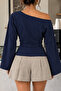 Women's Open Collar Spanish Sleeve Navy Blue Blouse - 6