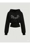 Women's Oversize Crystal Stone Printed Short Hooded Crop Sweatshirt
