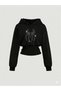 Women's Oversize Crystal Stone Printed Short Hooded Crop Sweatshirt