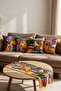 Yellow Framed Picasso Faces Double-Sided Printed Suede 5-Piece Living Room Set - 4 Cushion Covers 43X43 cm + Runner 140X40 cm - 4