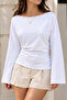 Women's Draped Boat Neck Casual White Blouse - 5