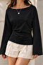 Women's Draped Boat Neck Casual Black Blouse - 5
