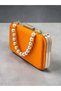 Orange Satin Silver Metal Detailed Crystal Stone Embroidered Chain Strap Women's Evening Dress Bag Wedding Engagement Graduation - 7