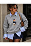 Gray Crew Neck Teddy Printed Oversize Sweatshirt