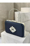 Navy Blue Satin Silver Metal Detailed Crystal Stone Embroidered Chain Strap Women's Evening Dress Bag Wedding Engagement Graduation - 2