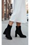 7 cm Thick Heeled Suede Textured Textile Women's Black Boots Bootie - 6
